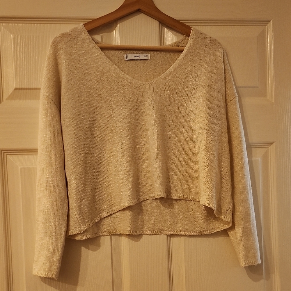 Mango Cropped Cream V-neck Sweater